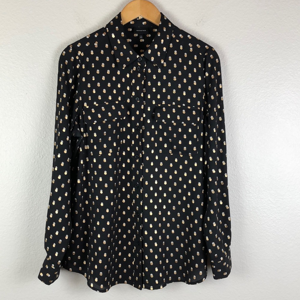 Who What Wear Black Button-Down Shirt with Cream Dot Print